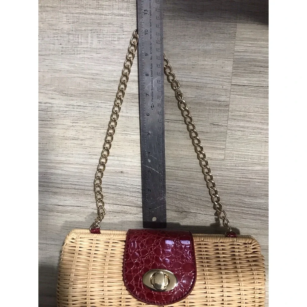 Vintage Straw Woven Handbag Red Leather Accents with Gold Chain